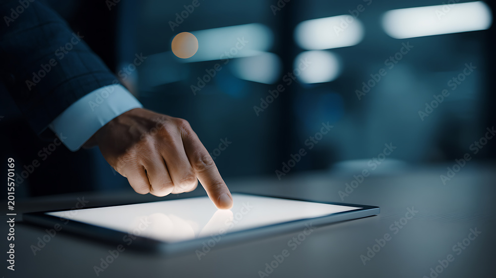 Naklejka premium Professional touch on shining tablet display, person interact with digital interface, innovation and modern tech in blurred office background