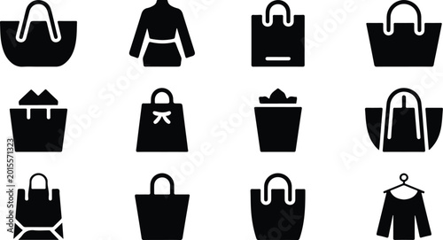 Black silhouette icons of handbags and clothing