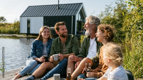Happy multi generational family enjoying a relaxing vacation by the lake house.