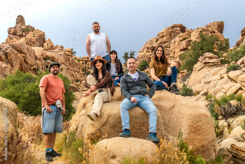 Quadro em tela Group of friends exploring joshua tree national park hidden valley