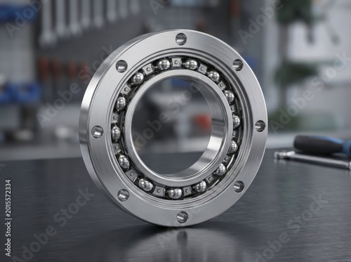 Close-up of a heavy-duty industrial ball bearing with mounting holes roller bearing metal balls