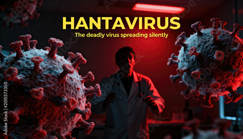 Scientist examines hantavirus under red lighting in laboratory with virus particles