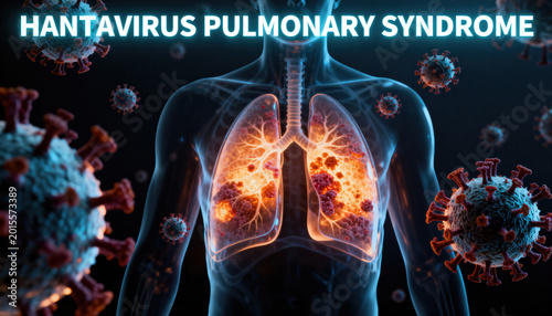 Human body with transparent lungs and hantavirus particles