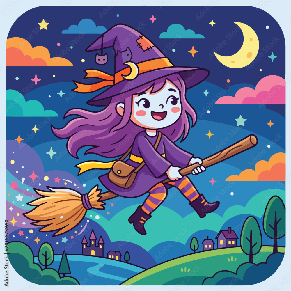 Fototapeta premium Whimsical illustration featuring young witch riding broom across night sky filled with stars and crescent moon surrounded by playful clouds and tiny village scenery below.