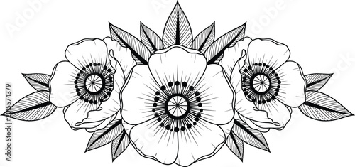 Bild auf Leinwand Detailed Hand Drawn Anemone Flower Bouquet Vector Illustration Featuring Black and White Line Art Floral Arrangement with Leaves for Wedding Invitations Greeting Cards and Botanical Tattoo Design
