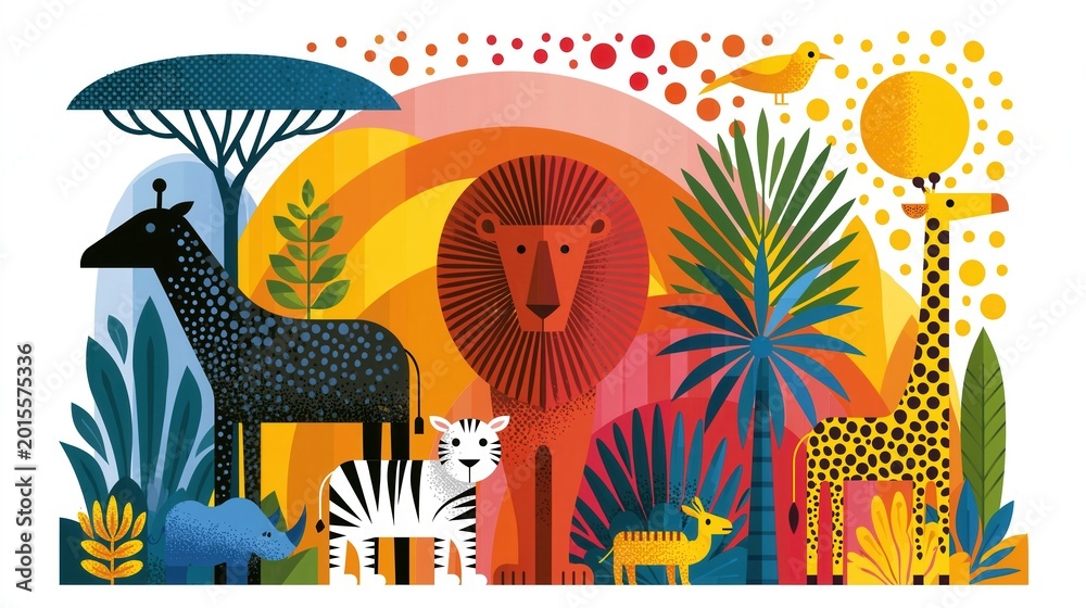 Fototapeta premium Geometric illustration of wild african animals in savanna landscape.