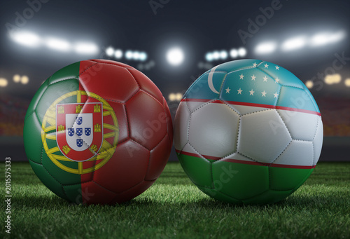 Two soccer balls in flags colors on a stadium blurred background. Portugal vs Uzbekistan. 3D image.