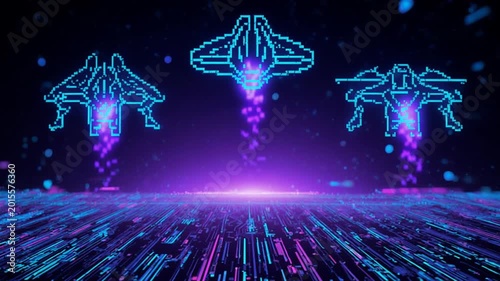 Retro Pixel Spaceships Flying Over Digital Circuit Board
