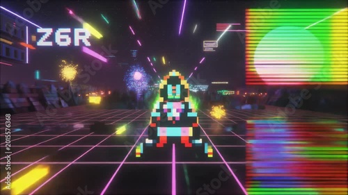 Retro Sci-Fi Spaceship Neon Grid Tunnel with Fireworks