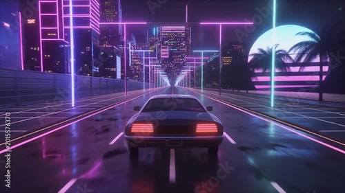 Retro Synthwave Car Drives Through Neon Cityscape Sunset