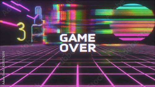 Retro Synthwave 'Game Over' Screen with Glitch Effect and Neon Grid