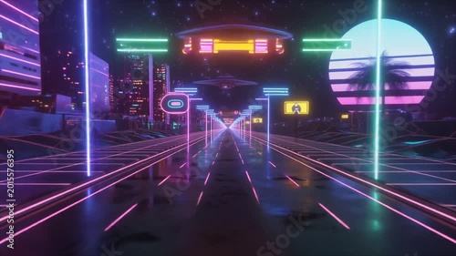 Retro Synthwave City Drive: Neon Lights, Palm Trees, and Futuristic Vibes