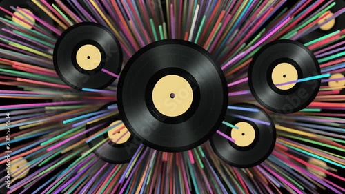 Retro Vinyl Records Bursting with Colorful Light Streaks - Abstract Music Motion