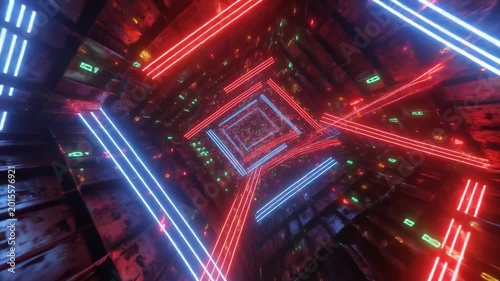 Sci-fi Neon Tunnel Flythrough: Red and Blue Lights, Futuristic Abstract