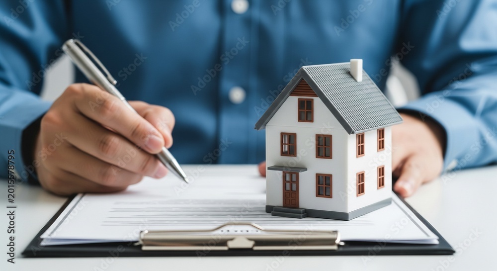 Fototapeta premium Person signing document near miniature house, real estate contract signing