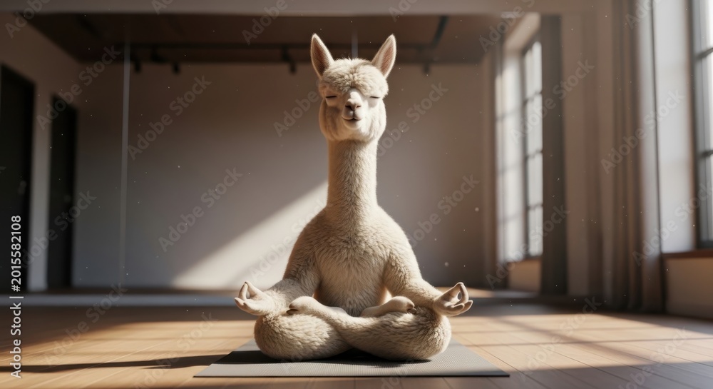 Obraz premium Zen Alpaca Serenity Funny Yoga Pose Inside Spacious Room Meditation and Wellbeing Concept Fluffy Animal Doing Exercise Peaceful Expression Health and Fitness Domestic Mammal