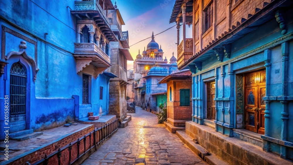 Fototapeta premium A photo of narrow streets lined with traditional Indian architecture, cobblestone pathways leading to a blue cityscape The vibrant colors of the buil