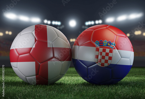 Two soccer balls in flags colors on a stadium blurred background. England vs Croatia. 3D image.