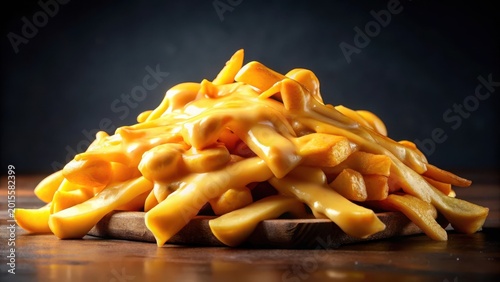 A photo of golden french fries with gooey melted cheddar cheese on top, crispy and melty, closeup view