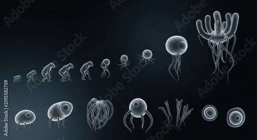 Translucent Aquatic Forms Marine Life Evolution Depiction Jellyfish-like Creatures Lineup Biological Progression Display Sea Dwelling Organisms Aquatic Fauna Progression Undersea Life
