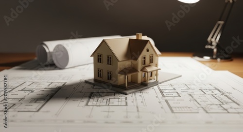 Architectural Design Miniature House Model on Blueprint Residential Construction Project Planning Real Estate Investment and Homeownership Visualization Housing Development Concepts