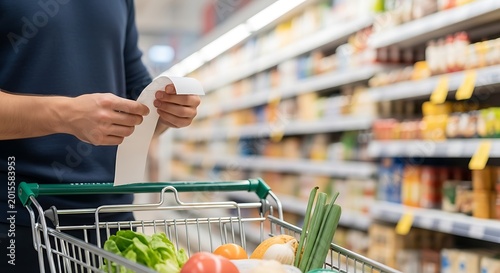 Man checking shopping list in a supermarket aisle with a full cart, focusing on groceries and efficient shopping.