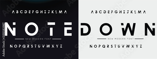 Bilde på lerret NOTE DOWN Technical wide future font, digital cyber alphabet, trendy thin letter