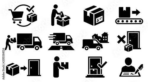 Fényképezés Delivery Process Silhouette Set – Shipment Status, Parcel Journey, Shipping Work