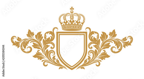 Foto Golden Royal Crest with Crown and Shield, Elegant Flourish Design