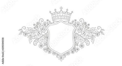 Foto Ornate Heraldic Crest with Crown and Floral Embellishments - Vector Outline