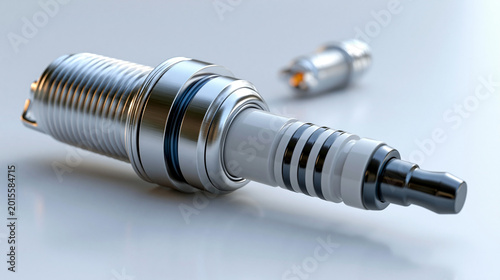 Spark plug for an internal combustion engine isolated on a clean white background for an automotive and mechanical engineering concept. Spark plug white, isolated clean,