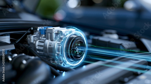 Car engine bay with an air conditioning compressor highlighted and subtle energy flow visualization in a realistic technical educational style. Engine bay AC, compressor