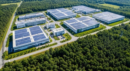 Aerial perspective of a modern industrial facility with solar panels and white buildings, bordered by lush green forests and paved roads, modern, drone, site