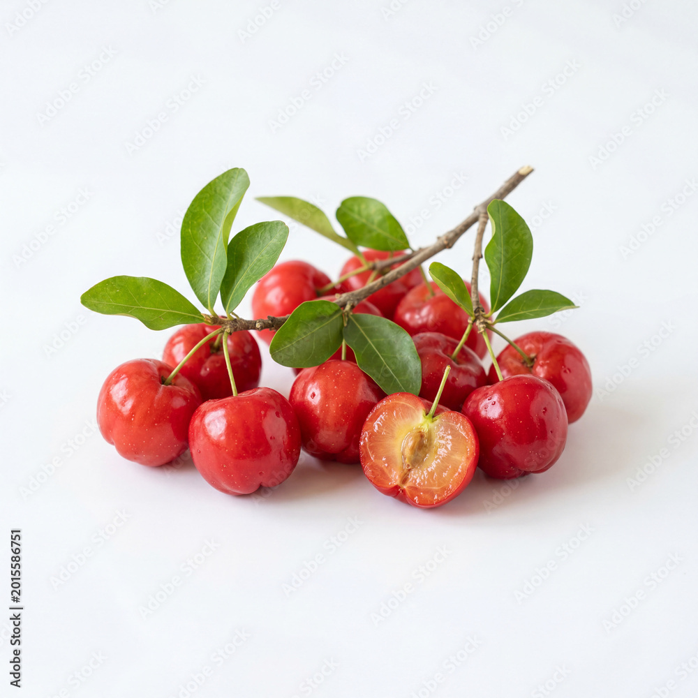 Obraz premium Bright Red Acerola Cherries with Juicy Flesh for Vitamin Rich Tropical Superfood Photography
