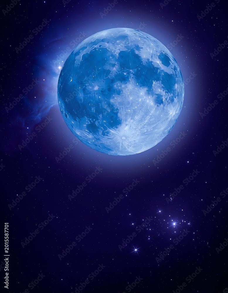 Fototapeta premium A stunning blue glowing full moon in the dark starry night sky.