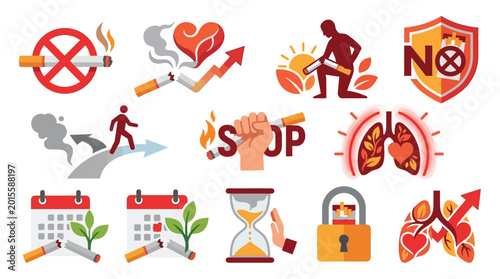 Photos Set of icons representing the dangers of smoking and the benefits of quitting for a healthy lifestyle