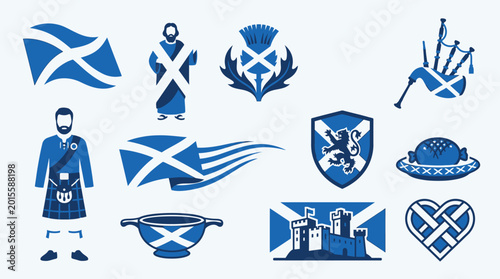 Bild auf Leinwand Collection of Scottish Symbols and Icons, including flags, kilts, bagpipes, and castles, in blue and white