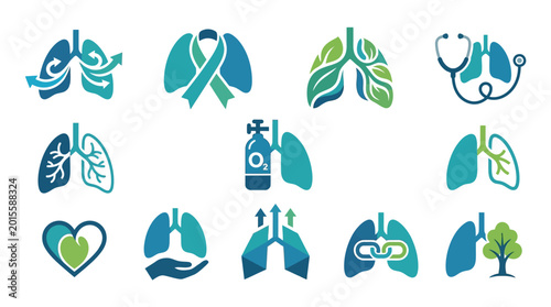 Obraz na płótnie Collection of medical icons representing lungs and respiratory health, including symbols for breathing, oxygen, and heart care
