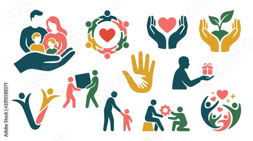 Canvastavla Set of icons representing charity, community, and helping hands with diverse people and symbols of care and support