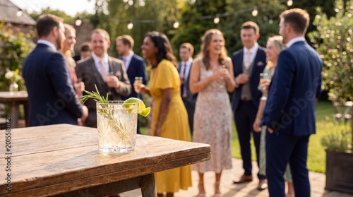 Business professionals networking at an outdoor event, fostering connections over cocktails in a casual setting.
