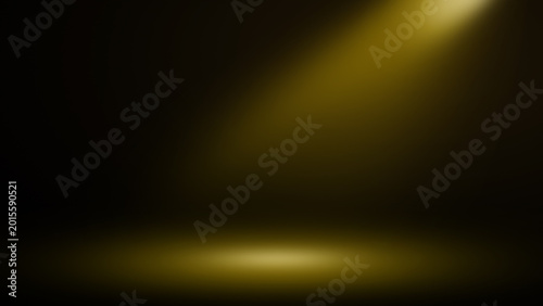 Dramatic dark studio background with warm golden yellow spotlight. Empty illuminated stage floor for product display mockup, theatrical presentation, and cinematic showcase