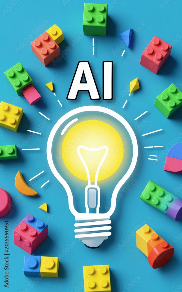 Obraz premium AI light bulb surrounded by colorful building blocks symbolizing