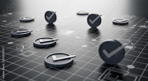 Several checkmark icons on a graph paper background with a spotlight