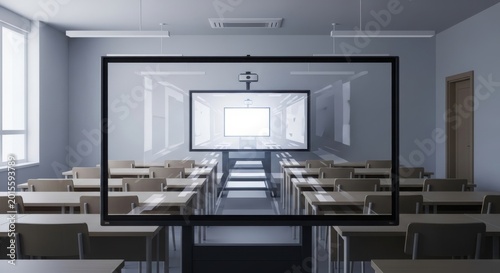 A classroom with empty desks and chairs is viewed through a large screen projector in an empty room.