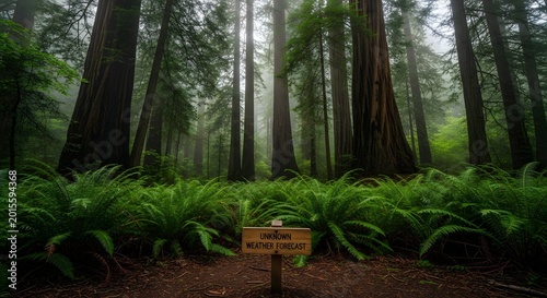 Mysterious forest trail sign deep in temperate rainforest