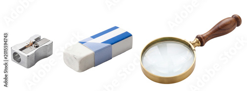 Fotografía Pencil sharpener, eraser and magnifying glass on transparent background