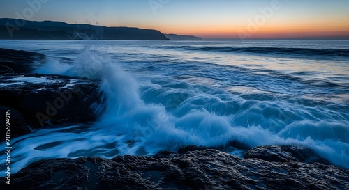 Ocean waves crashing over dark rocks at twilight or dusk