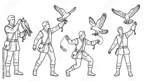 Historical falconry illustration showing medieval men training hawks in black line style.