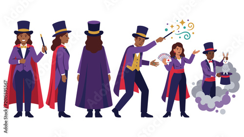 Fotografie Magician characters in different poses flat vector illustrations isolated on white background