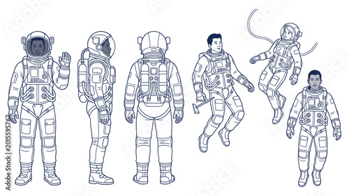Tableau sur toile Astronauts in spacesuits exploring outer space celestial bodies floating weightless zero gravity research mission
